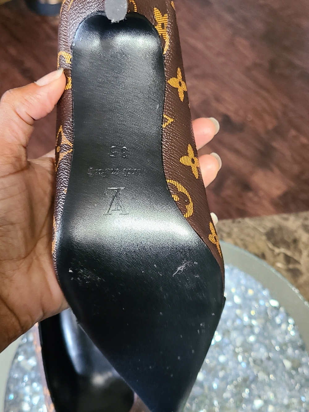 Louis Vuitton Black and Brown Monogram Pointed-Toe Heels - Picture 6 of 9